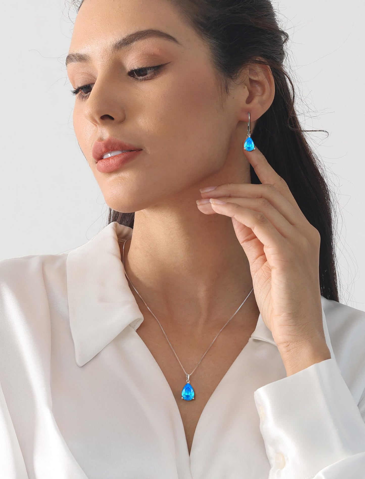 YL 925 Sterling Silver Teardrop Dangle Drop Earrings for Women 7x10 MM Solitaire Created Aquamarine Leverback Jewelry