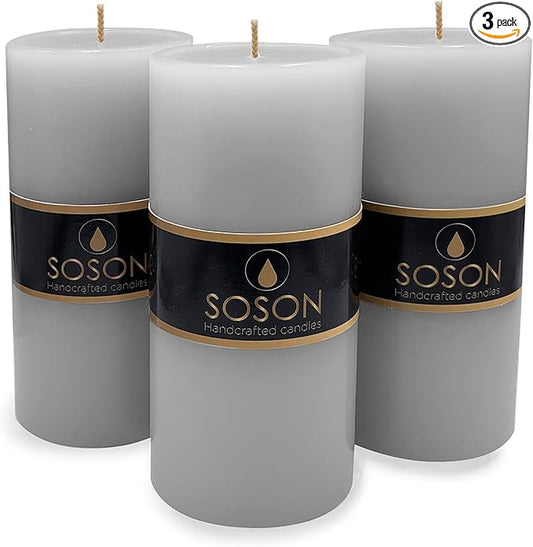 Simply Soson Grey Pillar Candles - 3x6 inch Set of 3 - Unscented Decorative Large Candles for Home Decor, Weddings, Holidays