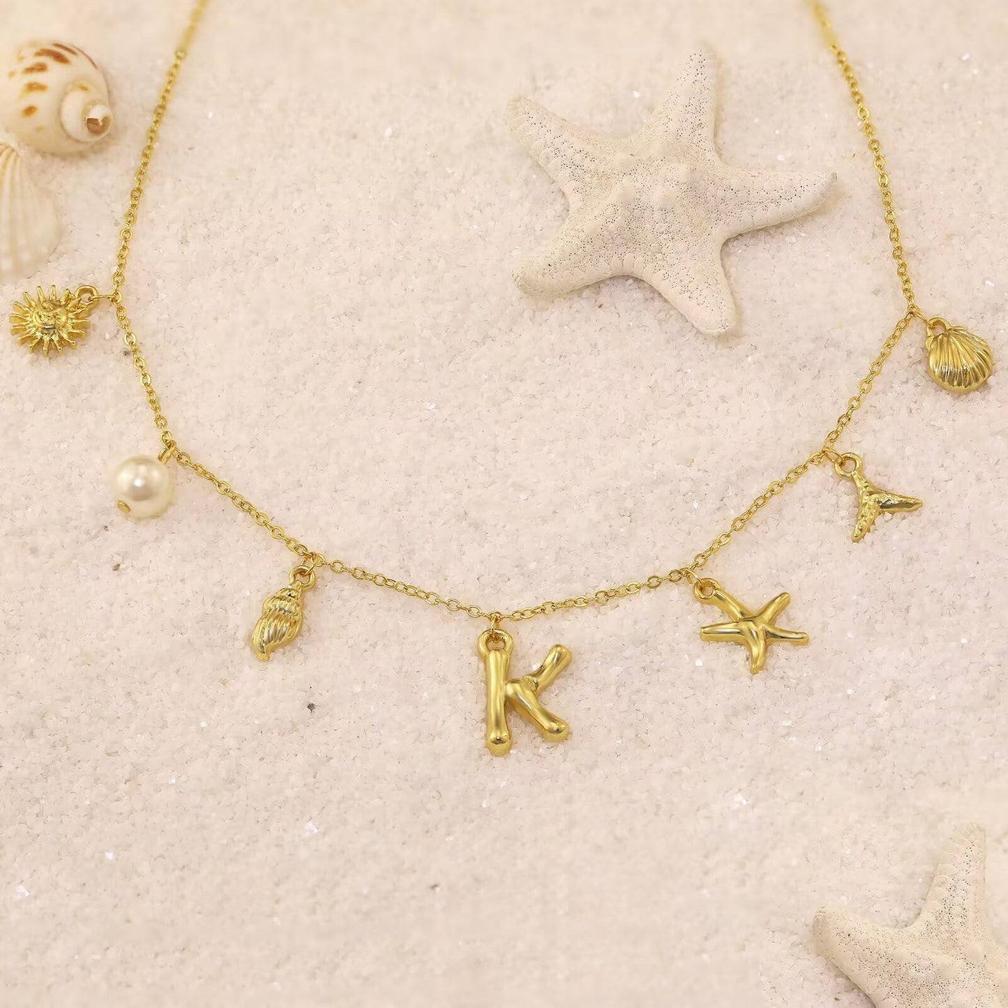 JALZEMPL Initial Charm Necklace For Women Shell Seashell Summer Beach Letter 14K Gold Plated Pendant Starfish Surfer Boho Jewelry Gifts (H)