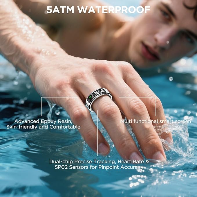 Smart Ring Health Tracker with Display Screen, Sleep Tracker Ring with Heart Rate, Fitness Ring Step tracker for Activity Monitoring/Steps/Calories,Wireless Charging, for iOS Android (Silver,13#)