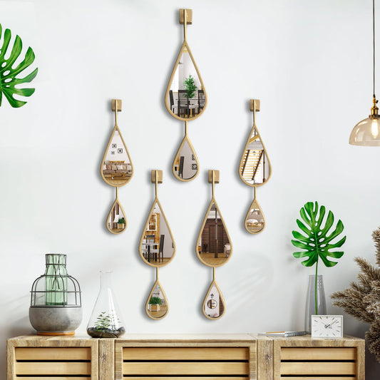 BAODANFU Wall Mirror Decorative Mirrors Mounted Decor Tear Drop Shape Gold for Bedroom Living Room Entryway Bathroom Vanity Brassy Gold Metal Frame, 5-Pack Mirrors Set