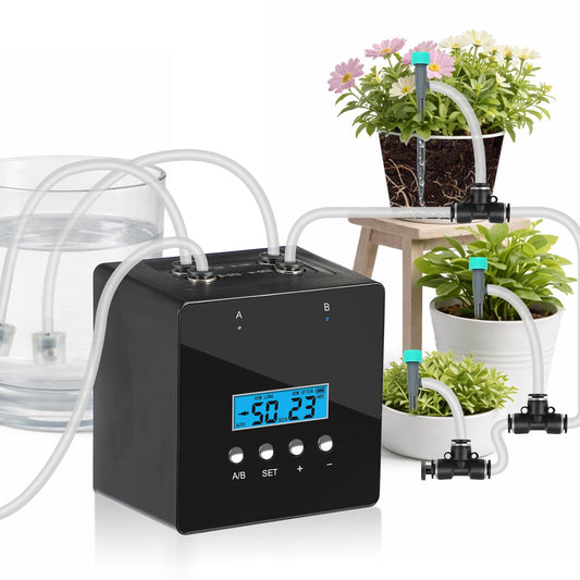 Automatic Indoor Plant Waterer, Dual Pump Drip Irrigation System with Timer, 20 Adjustable Drippers, Self Watering for Potted Plants, Easy Setup