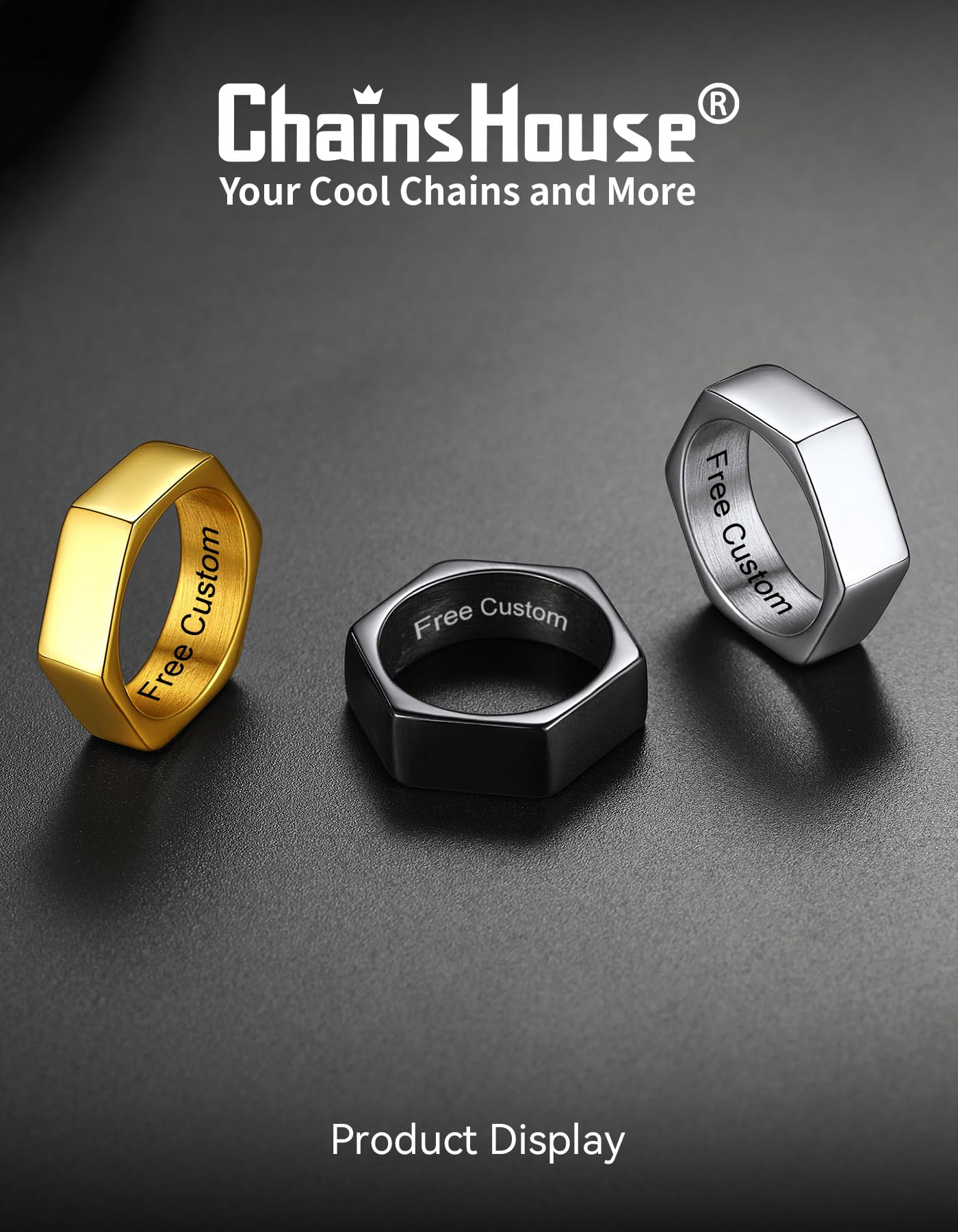 ChainsHouse Personalize Simple Band Rings 18K Gold Plated Geometric Hexagon Biker Ring for Men Women, Size 14