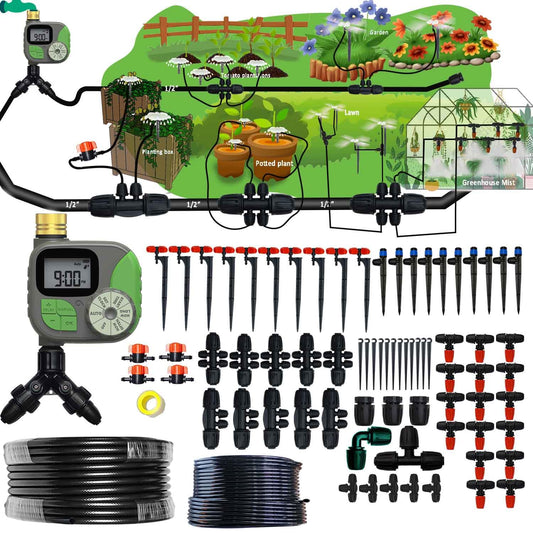 160Ft Drip Irrigation System for Garden with Water Timer, Main Water Hose ID 1/2inch 32Ft, 1/4in 131Ft, Sufficient Water Pressure, Irrigation Dripper Waterflow Evenly, Easy DIY Garden Watering System