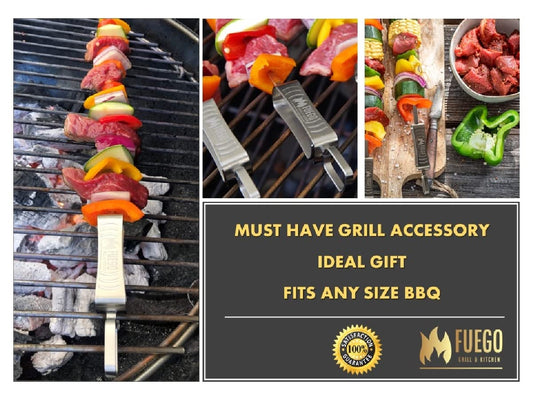 Fuego Skewers for Grilling - 17" Stainless Steel Flat Blade with Push Slider | Reusable & Dishwasher Safe | BBQ Skewers and Shish Kabob | Set of 8
