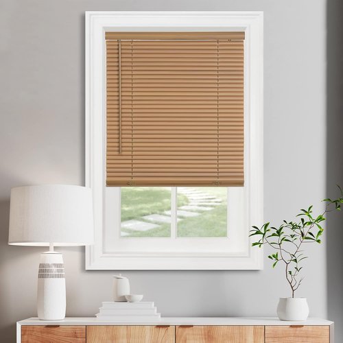 Achim Home Decor Cordless Mini Blinds - Light Filtering, 28" W x 72" L, Woodtone Finish