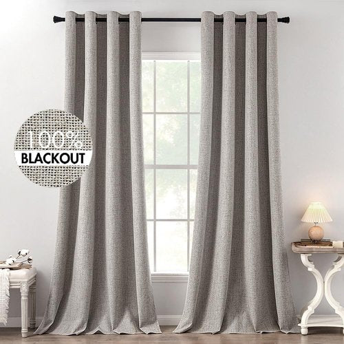 MIULEE 100% Blackout Linen Textured Curtains - Thermal Insulated Warm Taupe | 52 x 120 Inch (2 Panels)