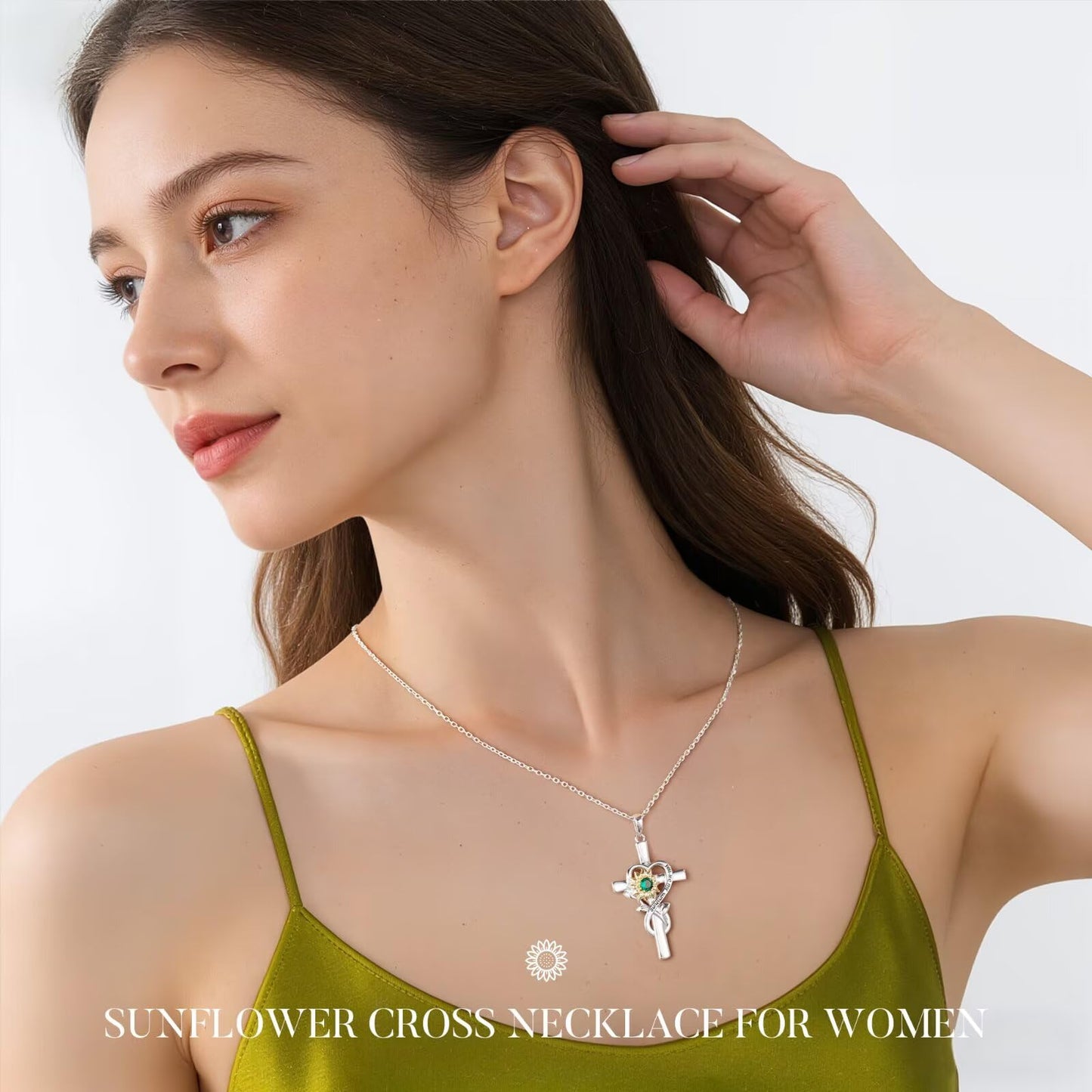 Iefil Mothers Day Gifts for Mom - First Time Mom Gifts | Sunflower Birthstone Necklaces, Simulated Emerald Cross Necklace for Women