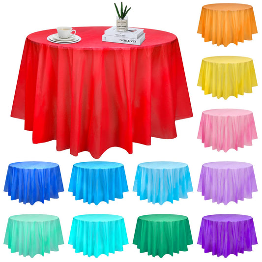 Frienda 12 Pack Assorted Color Round Tablecloth 84 Inch Plastic Tablecloths Disposable Plastic Cloths for Birthday, Weddings, Party, Fiesta Party, Event, Photography, Table Cover