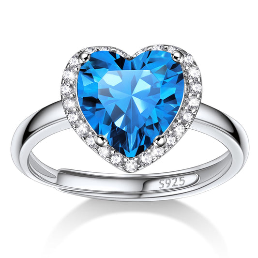 Bestyle CZ Heart Diamond Rings 5mm December Blue Topaz Birthstone Solitaire Rings, 925 Sterling Silver Rings Jewelry Gift for Wedding Anniversary Birthday
