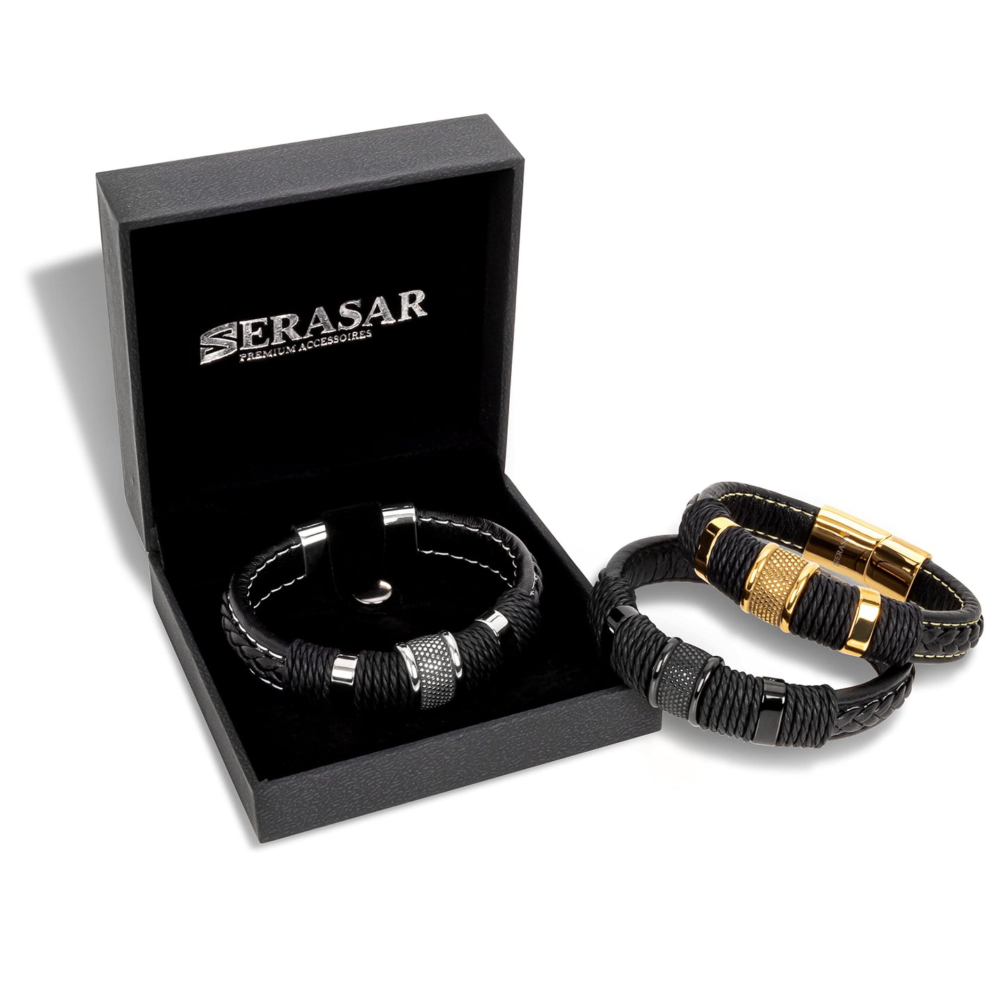 SERASAR Pulsera de oro para hombre 17cm con caja regalo hombre, trenzas piel vaca, cierre magnetico ajustable, joyero multicapa, joyeria cuerda magnetica masculina