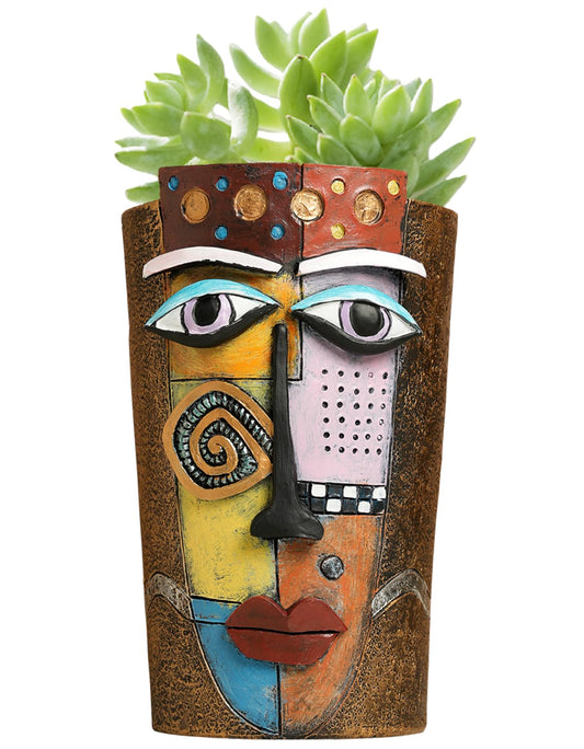 Yhupl Picasso Abstract Face Flower Pot,Plant Pot with Facial Expressions,Handmade Resin Plant Pot with Drainage Holes,for Indoor and Outdoor Botanical Home décor (Brown Large)