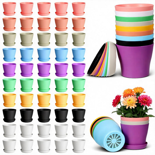 PercyEffie 50 Pack 4 Inch Plant Pots, Bulk Small Plastic Planters with Drainage Holes and Saucers Flower Pot for Flowers, Succulent, Cactus, Seed Starting Pots, Colorful