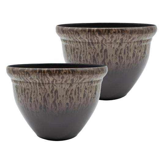 The HC Companies 9 Inch Pizzazz Round Planter Pots with Ceramic Look, Lightweight UV-Resistant Plastic Indoor & Outdoor Planters, 2-Pack Flower Pots for Garden & Home Decor, Foggy Gray