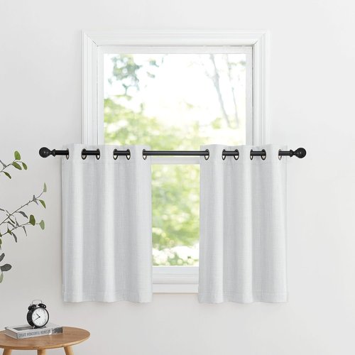 NICETOWN Faux Linen Room Darkening Curtain Valances - Energy Saving Thermal Tiers | Greyish White, 36" Long, 2 Panels