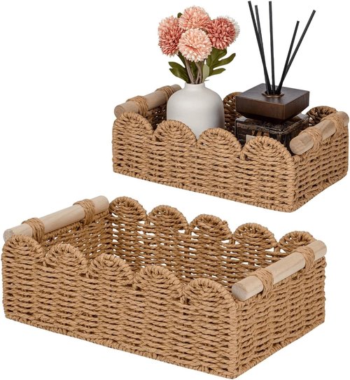CubesLand Toilet Paper Storage Organizer - Scalloped Wicker Basket for Home Decor | Neutral Color