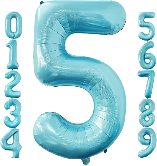 Skiennix 40-Inch Baby Blue Number 5 Balloon - Jumbo Foil Mylar Helium Decoration for 5th Birthday Party