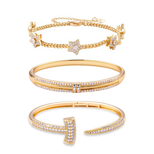 3 Pack 18K Gold Plated Bangles Bracelet Set for Women, Dainty Vintage Trendy Fashion Jewelry, Ideal Gift for Birthday Christmas Valentine's Day Mother's Day for Girlfriend Wife Mom Sister