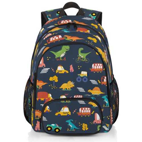 HUXINO Dinosaur Backpack for Kids 5-12, Boys Girls School, Bookbag with Dino & Vehicle Patterns, Lightweight Water Resistant Travel Backpack for Elementary Students