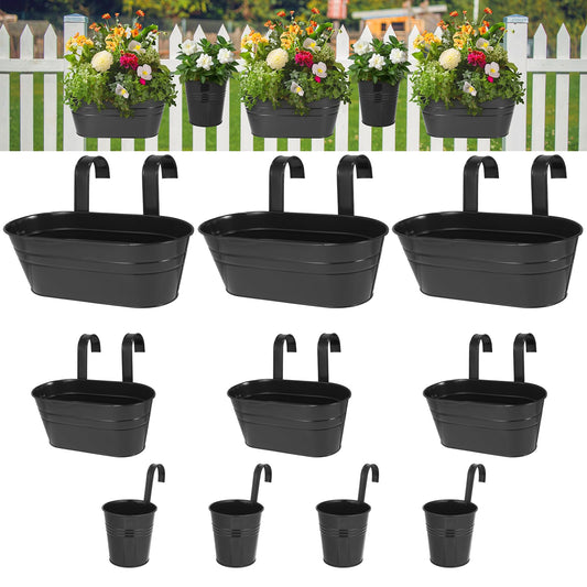 3 Different Size Metal Iron Hanging Flower Pots 10 Pcs for Outdoor Plants Metal Hanging Bucket Pots Iron Railing Fence Planter with Drainage Holes and Hooks for Porch Railing Balcony Fence (Black)