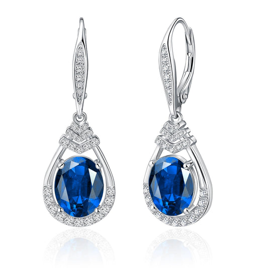 Blue Sapphire Dangle Earrings for Women September Birthstone Sterling Silver Teardrop Leverback Drop Earring Wedding Jewelry for the Bride Oval Cut CZ Earrings Anniversary Birthday Gifts for Wife Mom