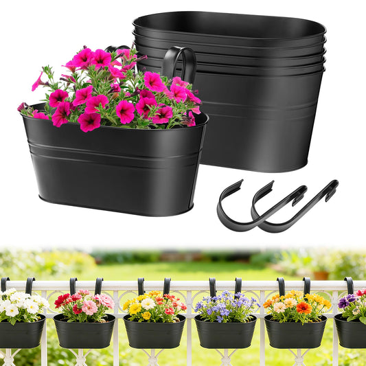 MADHOLLY Railing Planter with Drainage Holes - 6Pcs Sturdy Bucket Pots for Railing Fence, Countryside Style Metal Flower Pots for Herbs Balcony Garden Yard Decor, Black