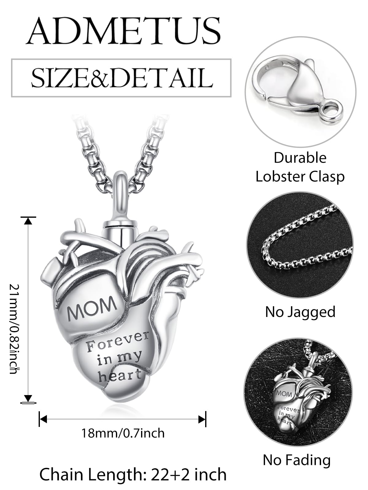 Anatomical Heart Urn Necklaces for Ashes Sterling Silver Ash Pendants Cremation Jewelry Mom Keepsake Pendant Memorial Jewelry Gifts for Loss of Mom