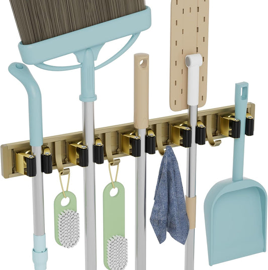 Reliahom Broom Holder Wall Mount - 5 Racks & 4 Hooks for Efficient Mop Storage | Garage, Kitchen, Garden Organizer