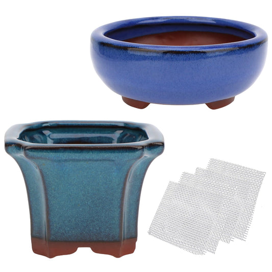 Bonsai Planter Succulent 4" Small Glazed Pots, Value Set of 2 + 4 Soft Mesh Drainage Screens