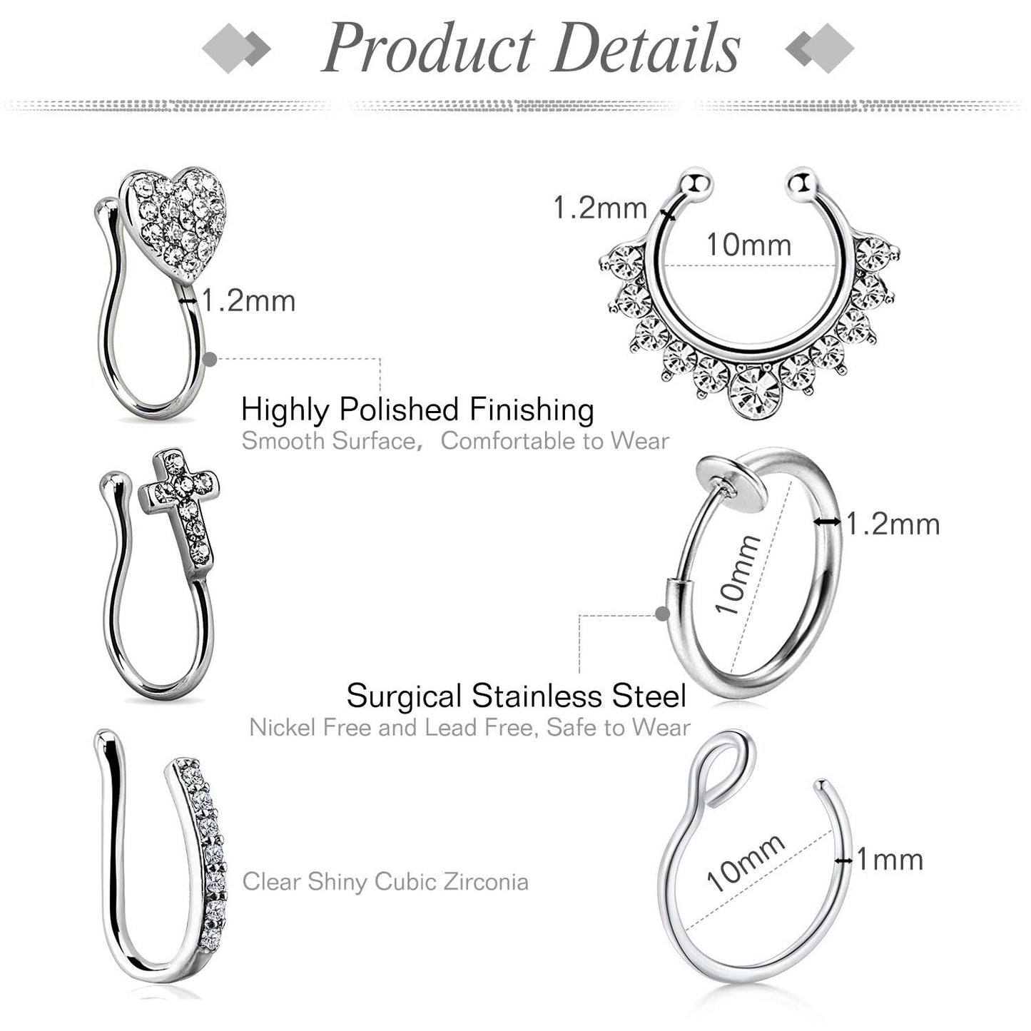 JFORYOU 6Pcs Nose Rings Fake 16G Stainless Steel Inlaid CZ Faux Piercing Jewelry Spring No Pierced Septum Clip on Circle Hoop For Women Men