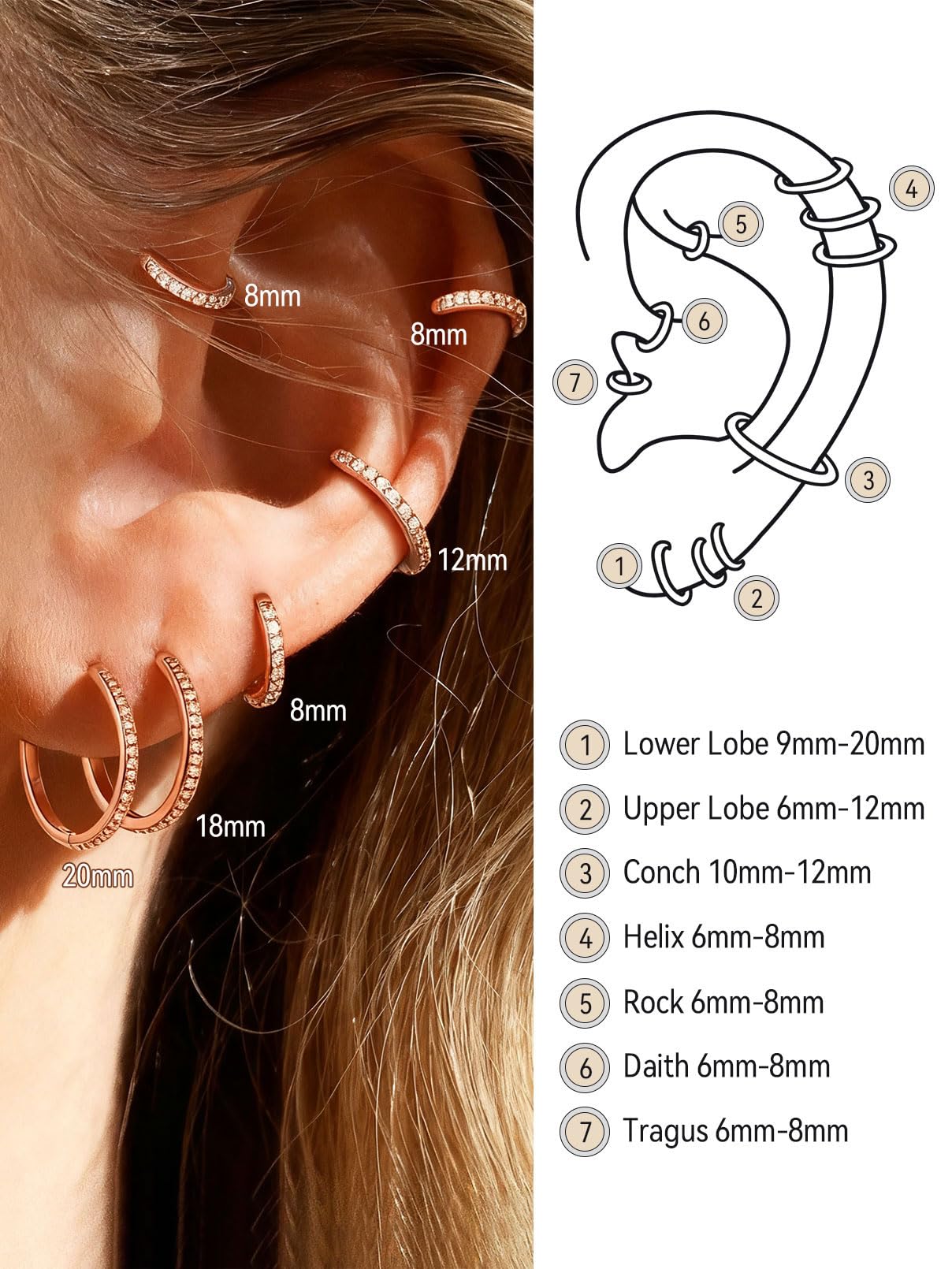 FaithHeart Cubic Zirconia Hoop Earrings for Women, Rose Gold Hypoallergenic Huggie Hoop Earrings, Small Cartilage Earrings for Women 18mm, Send Gift Box