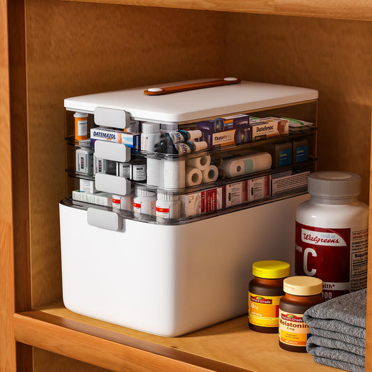 MOPUP 4-Tier Medicine Craft,Sewing,Art,Organizer Storage,Portable Latch Bin with Lid and Leather Handle,Pill Bottle, First Aid,Multipurpose Organizer with Removable Tray,A Household Essential