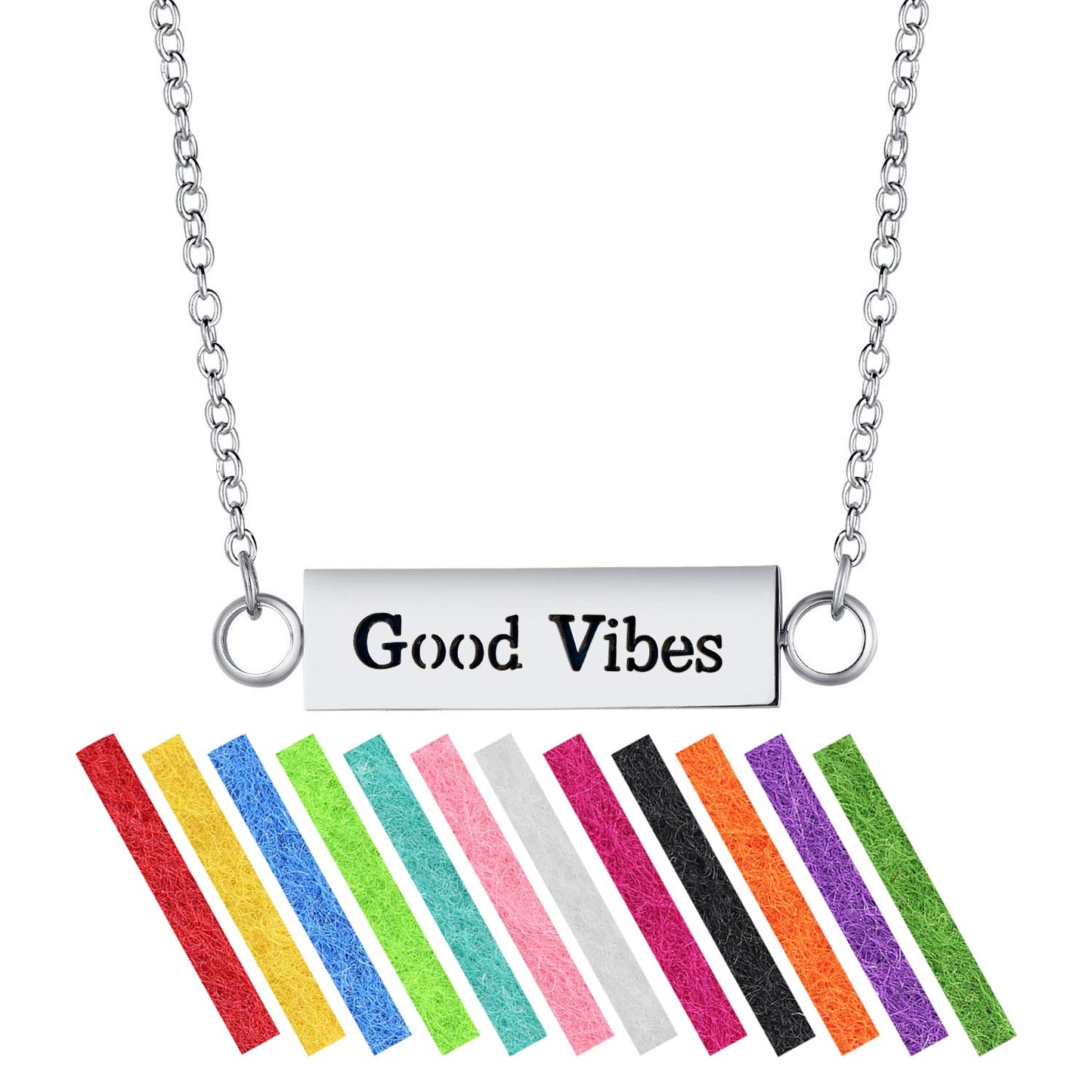 Wild Essentials "Good Vibes" Essential Oil Diffuser Bar Necklace Gift Set - Includes Aromatherapy Pendant, 24" Stainless Steel Chain, 12 Color Refill Pads