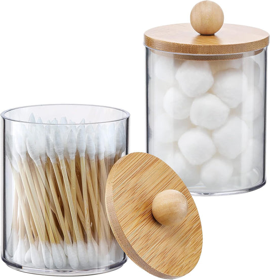 Qtip Holder Dispenser by [Brand Name] - 10 oz Clear Plastic Apothecary Jar with Bamboo Lids | Stylish Vanity Organizer for Cotton Swabs and Pads