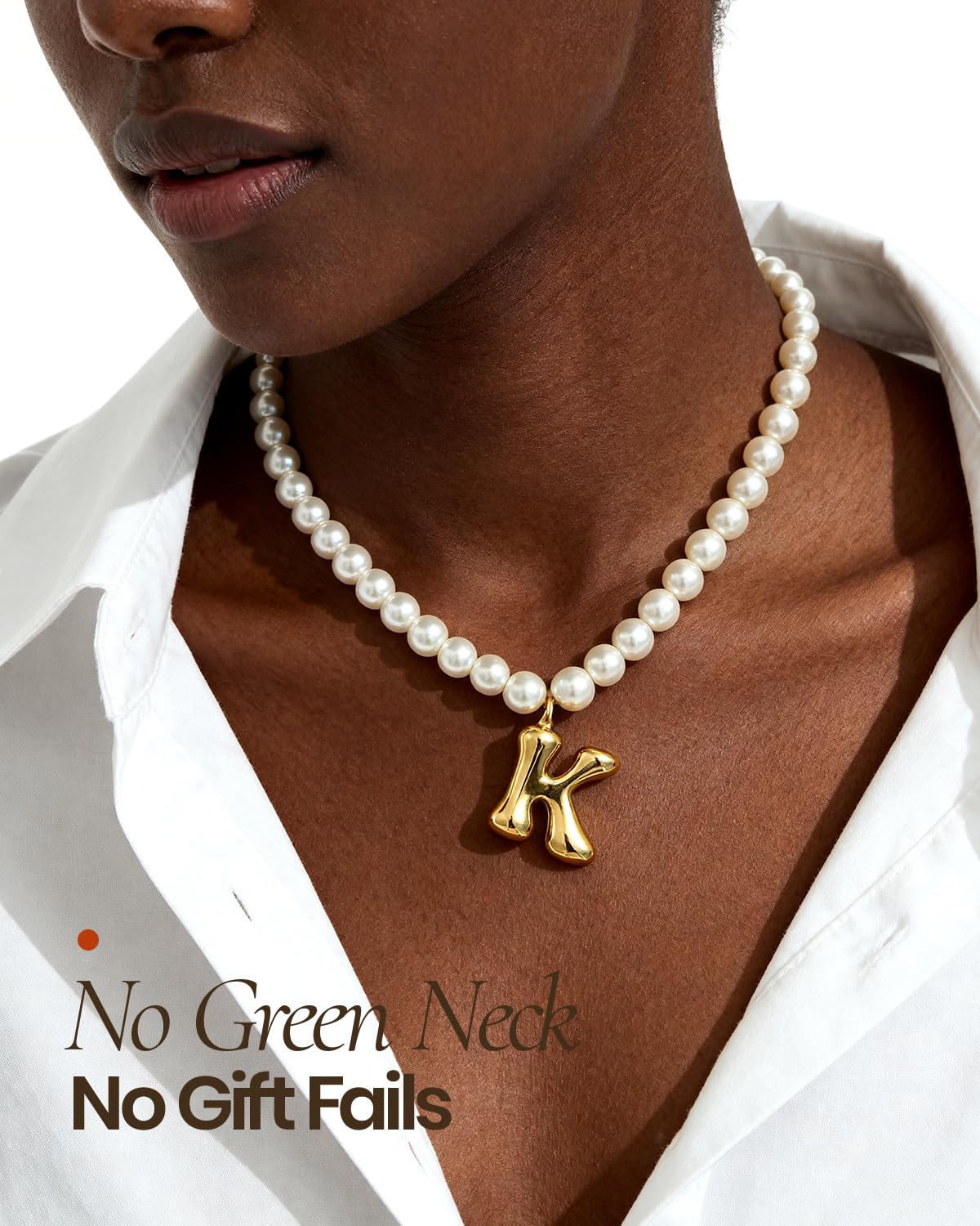 DoDoBeads Pearl Initial Necklace, 18K Gold Plated Stainless Steel Balloon Letter Pendant K, Non-Tarnish Waterproof Chunky Monogram Jewelry Gifts for Women Teens