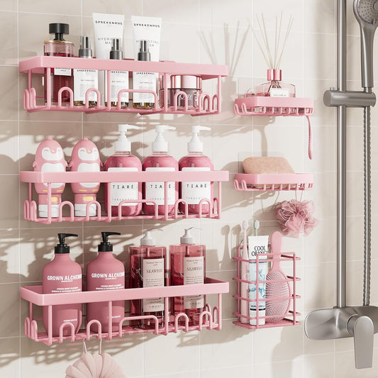 Veken Large Capacity Shower Caddy - Rustproof Adhesive Shelves with Soap Holder | 6-Pack Pink Bathroom Organizer