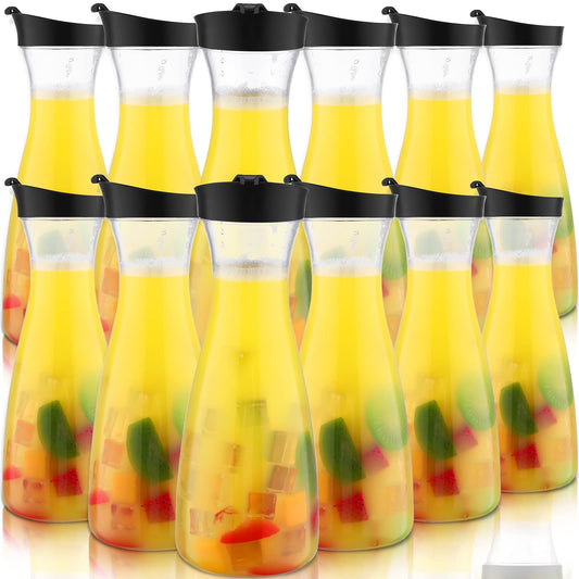 Xinnun 12 Pcs Water Carafe with Flip Top Lid Plastic Carafe with Black Lid Clear Plastic Water or Juice Beverage Pitcher Jug for Restaurant Party School Bar Juice Milk Coffee (35 oz)