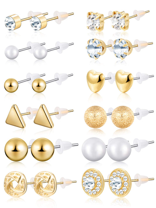 BBTO 24 Pairs Stud Earrings Crystal Pearl Earring Set Ear Stud Jewelry for Women Men(Gold)