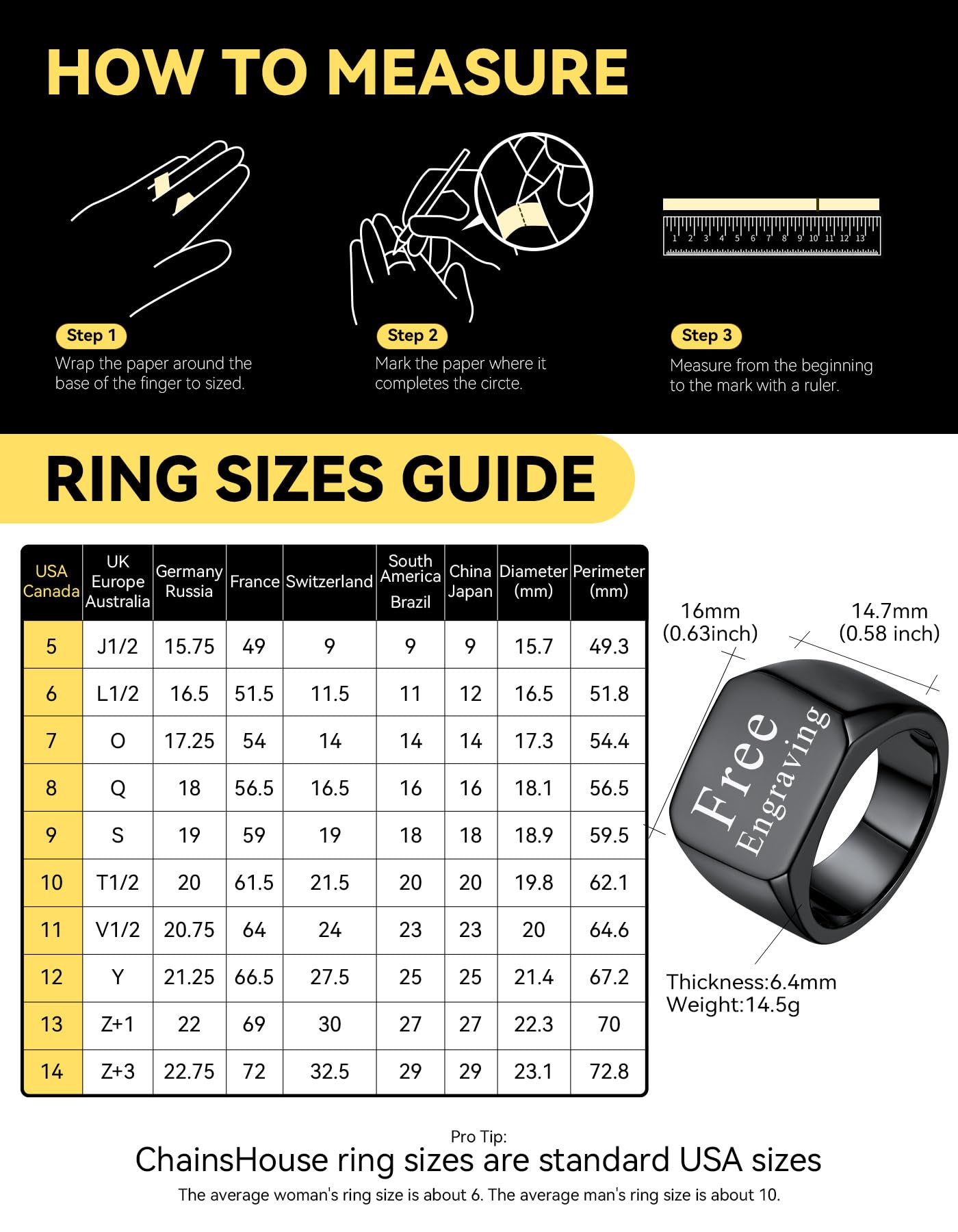 Black Personalized Signet Rings for Men Women Solid Polished Stainless Steel Biker Ring Size 9