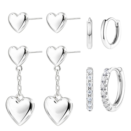 Best Valentine Gifts Heart Earring Sets for Women, S925 Sterling Silver Heart Dangle Stud Hoop Earring Set for Multiple Piercing, Valentines Day Earrings, Valentine Jewelry Gifts for Wife Mom Girlfriend Friend
