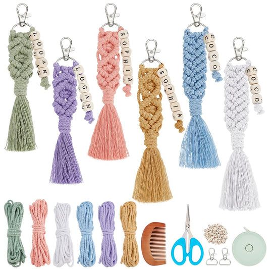 BEUNITONE DIY Macrame Cletter Keychains 6 Set Handmade Macrame Keychains for Beginners Boho Macrame Keychain Kit DIY Crafts Tassel Key Ring for Birthday Party with Instruction Keychain Making Kit