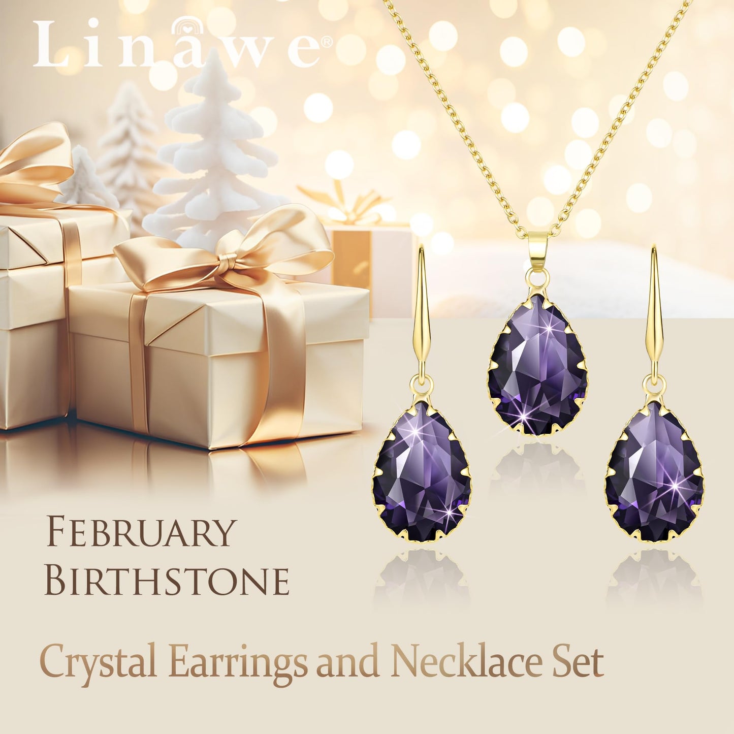 Linawe Lab Created Amethyst Crystal Jewelry Sets, Purple Pendant Necklace, Lavender Imitation Diamond Rhinestone Dangle Earrings, KC Imitation Gold Plated Wedding Jewelry, Teardrop Cubic Zirconia Fake Birthstone