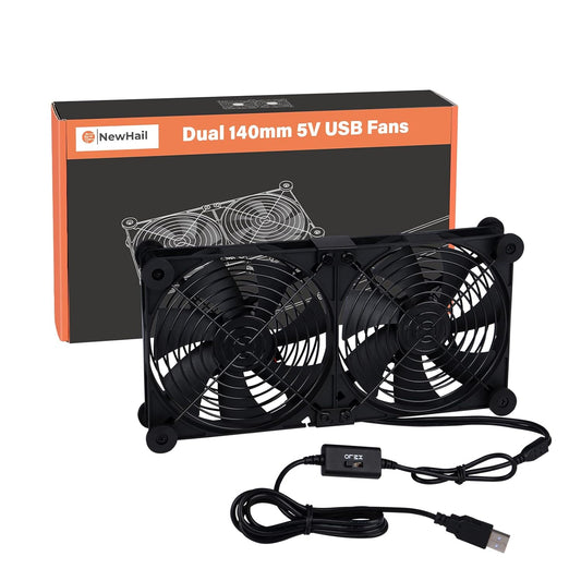 140mm 3-Degree 5V Quiet Dual Router Fan Cooler with L/M/H Speed Controller, DC USB Powered Cooling Case Fan for Router