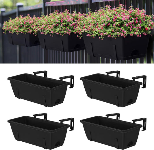 FANSXIVITA Balcony Planters Railing Hanging, Deck Railings Planter Boxes 16.9in, Railing Planter Box, Deck Planters for Railings, Railing Flower Box with Metal Brackets, Black (4Pcs)