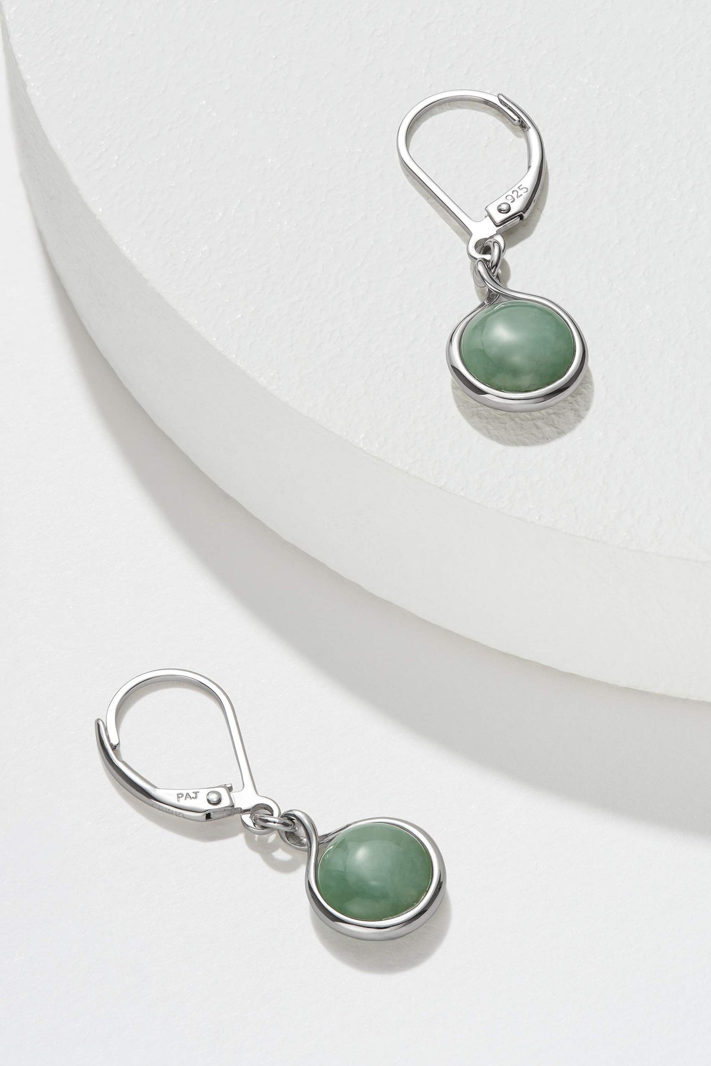 MORGAN & PAIGE .925 Sterling Silver Rhodium Plated Genuine Green Jade Bezel Set Round Leverback Earrings for Women - Hypoallergenic Dangle Sterling Silver Earrings, 1-1/8" Length