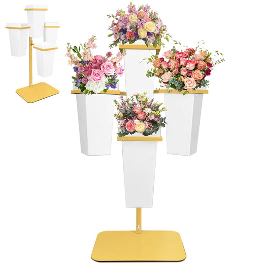 PROLEE Flower Display Stand with Buckets, Wedding Flower Cart Display Stand with Wheels,Flower Stand for Wedding Party, Events and Garden Decor (White)