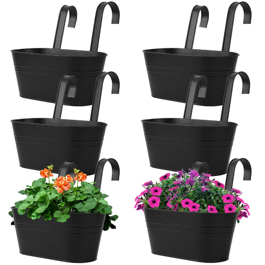 Biugaaufai 6 Pack Metal Railing Planter for Outdoor Plants, BlackIron Railing Planters, Metal Window Hanging Flower Pots for Balcony, Fence, and Patio Railings, Garden Decor with Drainage Holes