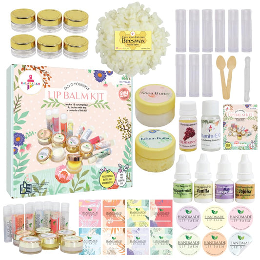 Kalakaram DIY Lip Balm Making Kit - Make 15 Lip Balms with Shea & Kukum Butter, Beeswax, Vitamin E Oil, Grapeseed & Essential Oils, DIY Activity Kit for Kids & Craft Kit for Girls 9-12