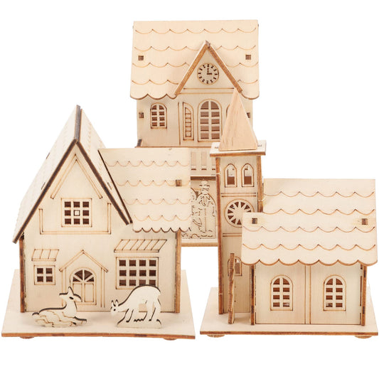3 Pcs Christmas Village Houses: Led Light Wooden House with Battery, Unfinished Rustic Holiday Village Decor - Perfect for Christmas Table Centerpieces, Xmas Party Decorations,DIY Crafts