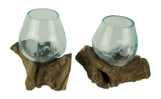 Zeckos Molten Glass On Teak Driftwood Decorative Bowl Vase Terrarium Planter Set of 2